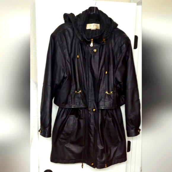 Vintage Jackets & Blazers - ☆VINTAGE 90's☆ Leather Hooded Midi Jacket w/ Gold Hardware Women's Size XL Coat
